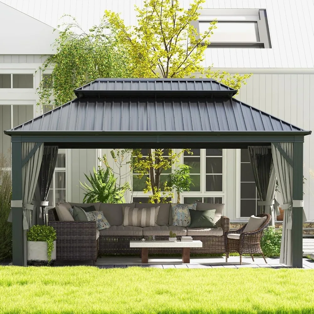 

12x16Ft Hardtop Gazebo Aluminum Frame Galvanized Steel Double Roof Netting Curtains Permanent Patio Pavilion Backyard , Custom