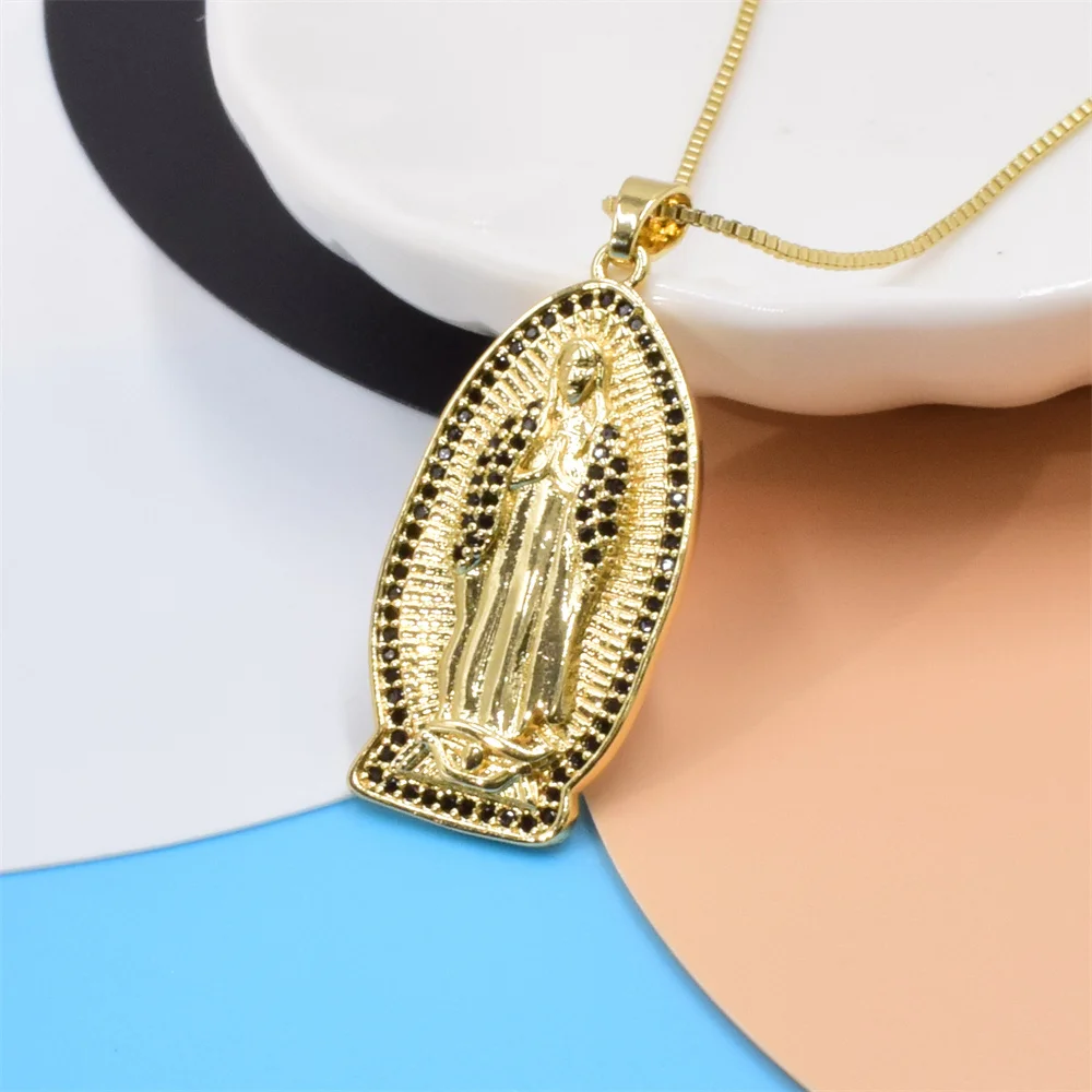 Box Chain Religious Virgin Mary Zirconia Necklace Our Lady of Guadalupe Cubic Zirconia Gold Plated Pendant Jewelry Necklace