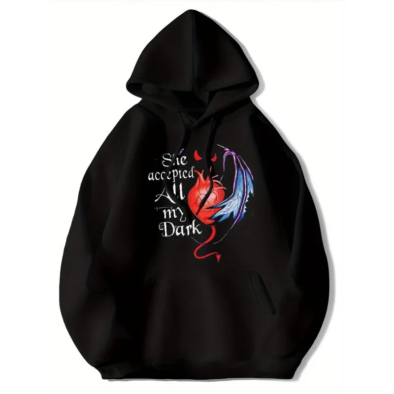 

Men's "She Accepted My Darkness" Graphic Hoodie, Gothic Warm Hoodie Long Sleeve Street Dark Aesthetics Halloween Gift, Couple