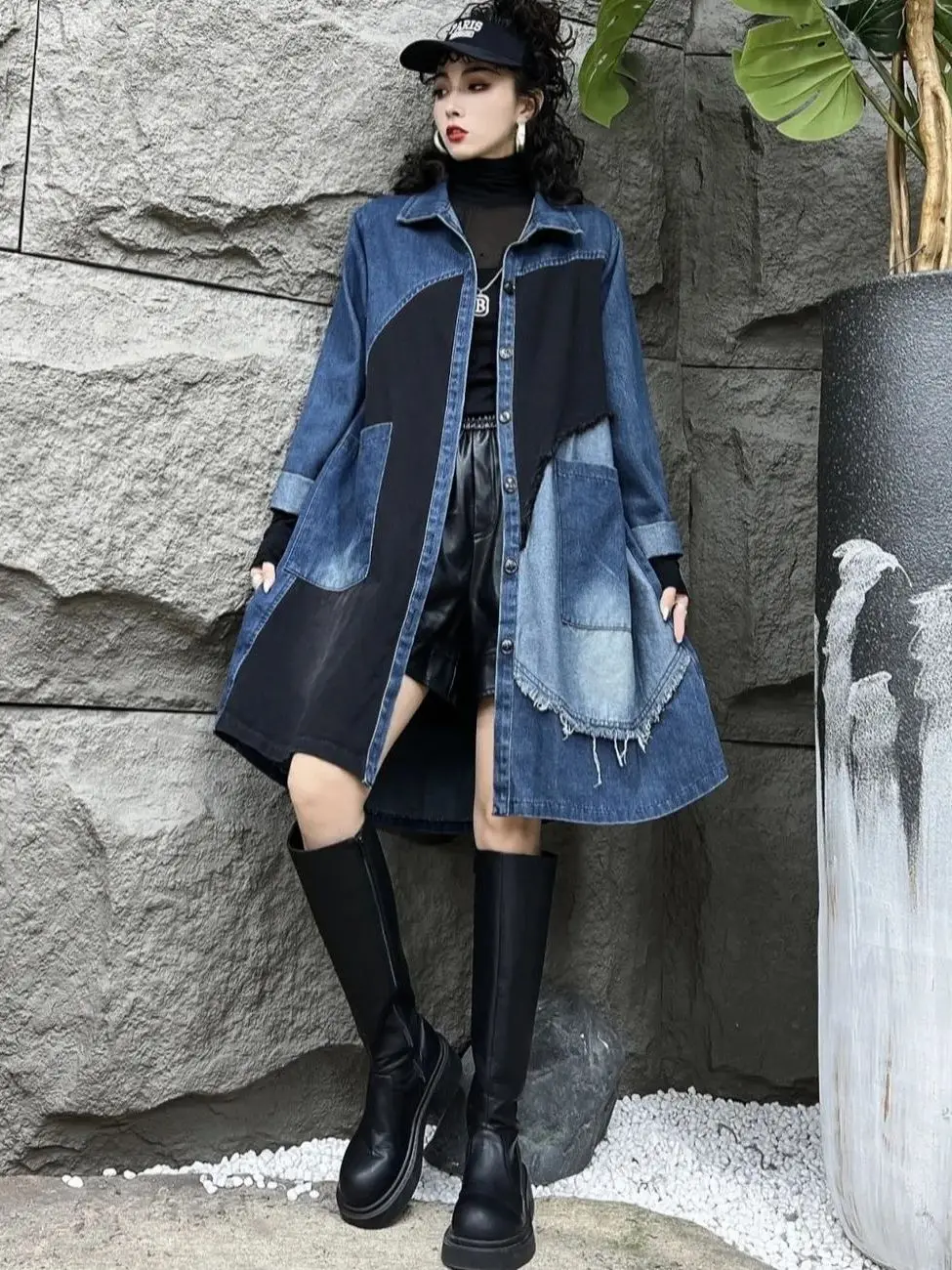 Extra Large 300 Pou automne nouveau paresseux ample minceur sur le genou mi-longue épissage Denim Sle femmes à la mode manteau Jaet