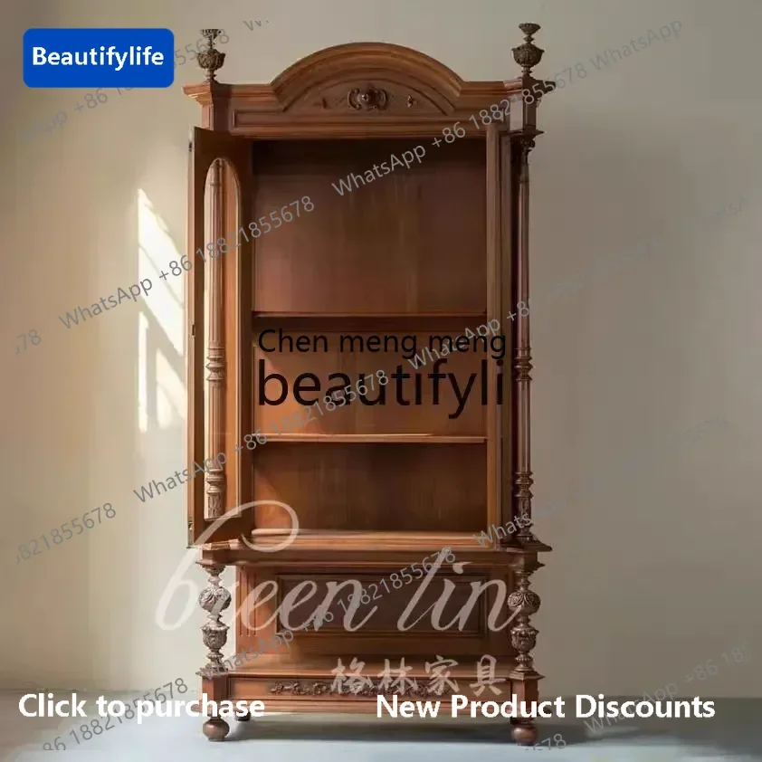 

183ff французский винный шкаф с замком из цельного дерева, средний антикварный резной стеклянный шкаф-витрина для гостиной, высокий шкафA