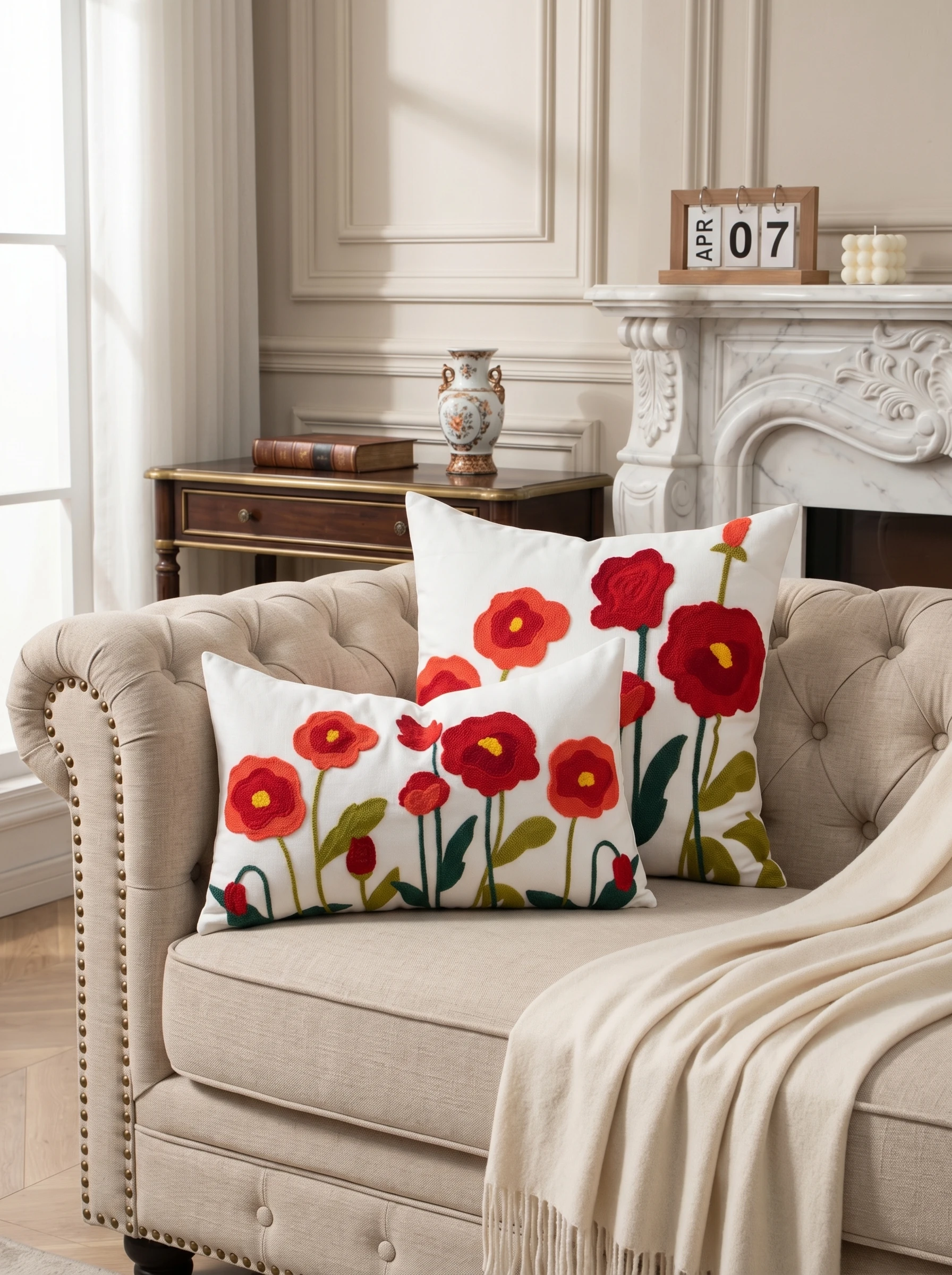 Housse de coussin brodée 3D motif coquelicot, style bohème français décontracté, décoration esthétique pour la maison, taie d'oreiller décorative pour canapé