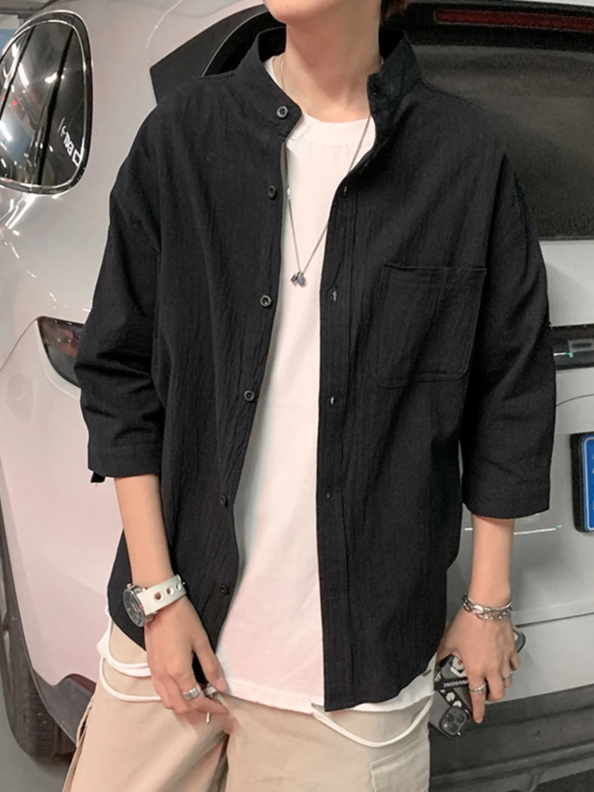 

Summer Cotton Linen Men's irt Loose Fit ort Sve Seven-Foot Sve Casual Faionable Hong Kong Sle Outerwear