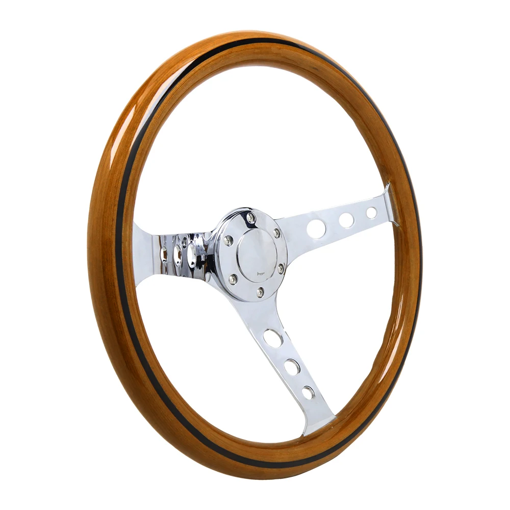 380mm 15''Classic Wooden steering wheel 3 Hole Chrome Spoke Vintage Classic Wood Grain Finish
