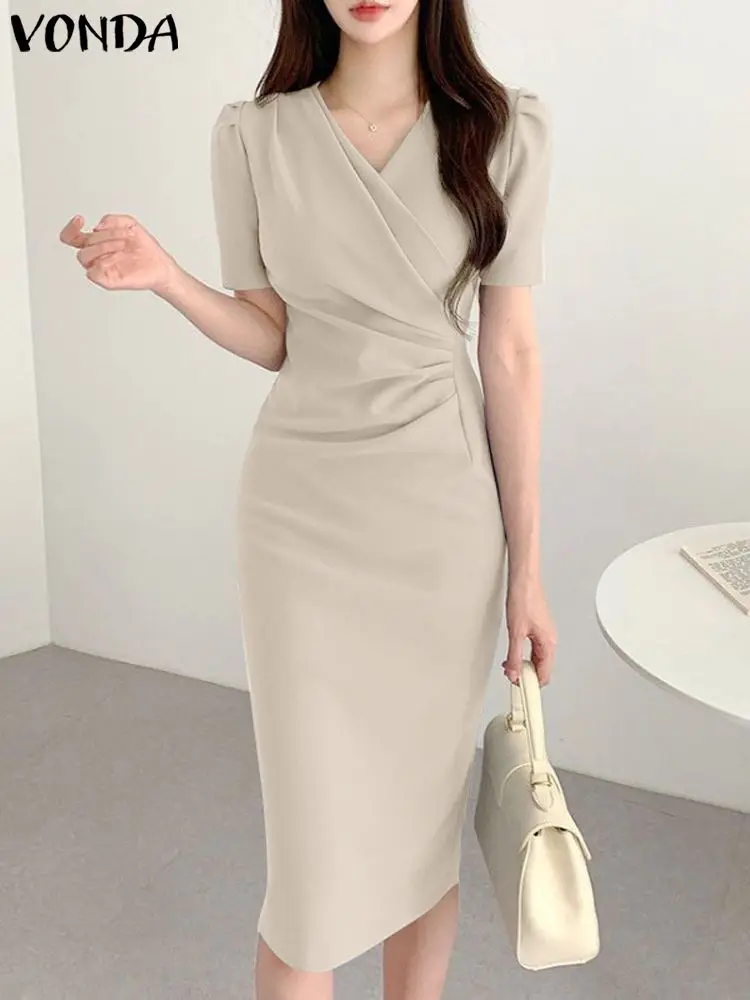 VONDA Summer Sundress Elegant OL Dress 2023 Women Fashion Sexy V-Neck Solid Color Short Sleeve Pleat Office Mid-Calf Robe Femme