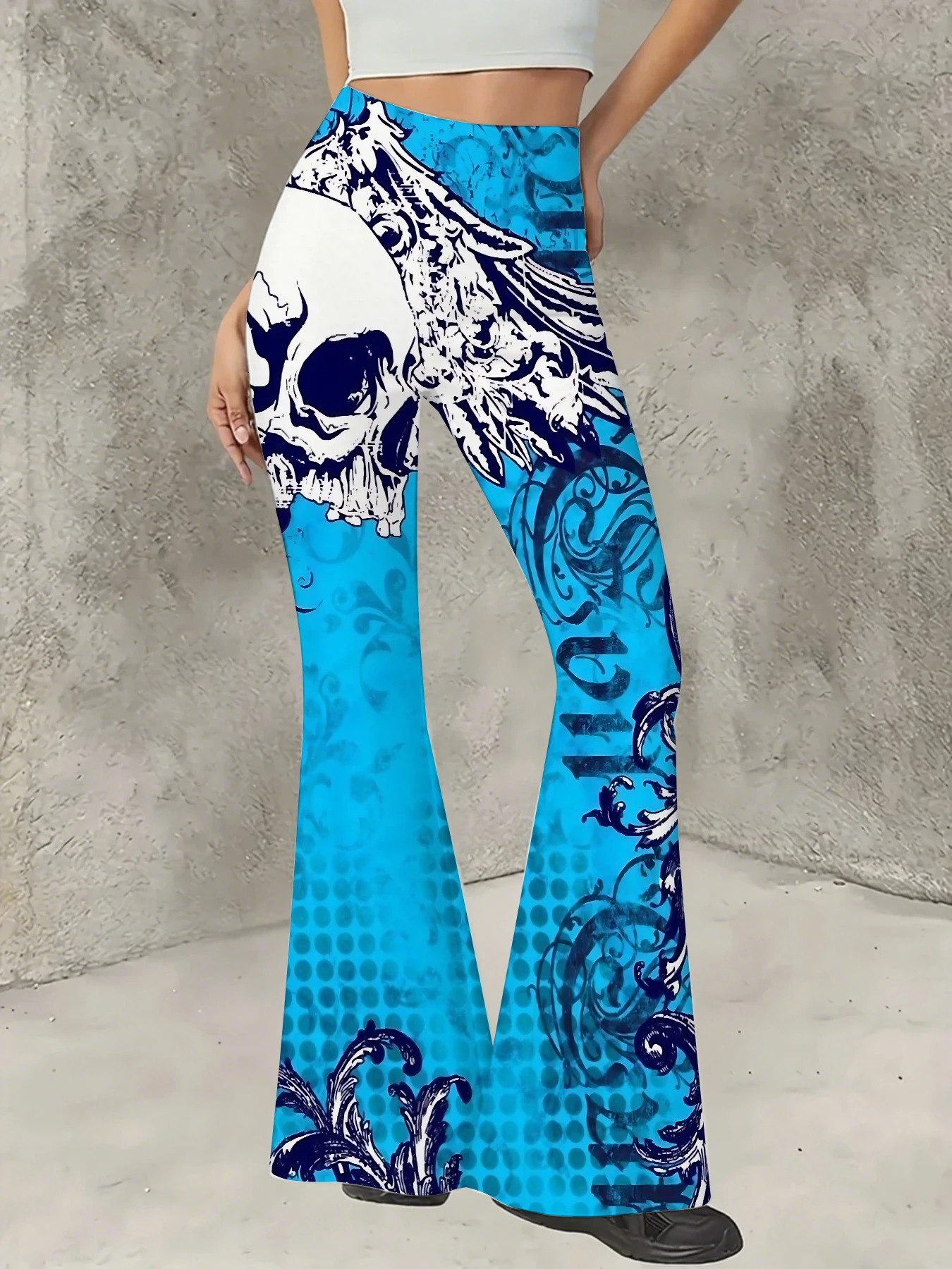 

Women's Boho Printed Flare Pants Vintage Knit High Waist Wide Leg Trousers