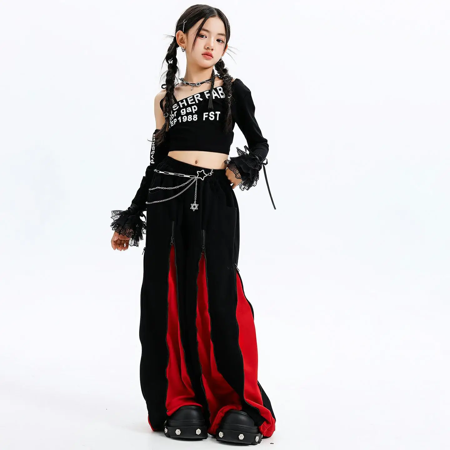 

Kid Kpop Hip Hop Clothing Black One Shoulder Crop T Shirt Top Red Casual Zipper Wide Leg Pants for Girls Dance Costumes Clothes