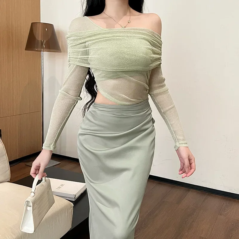 Spring and summer new slash neck mesh patchwork sexy long sleeved dress for women
