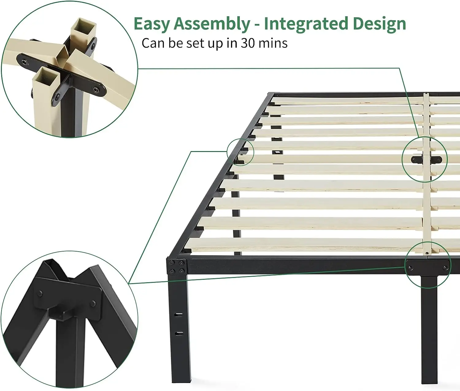 Estrutura de cama de metal DDPNKL de 16 polegadas, estrutura de cama resistente com ripas de madeira, base de colchão de 16 polegadas/sem necessidade de molas