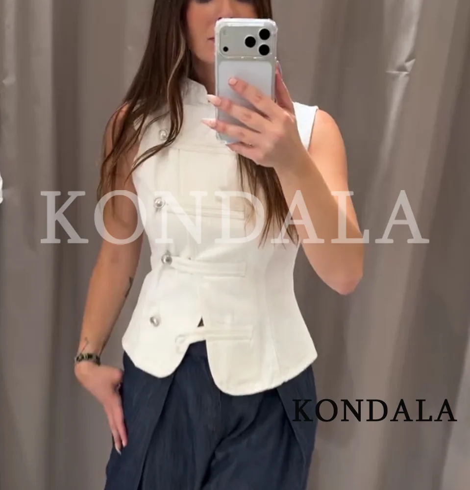 KONDALA Women Streetwear Trendy Denim Vest Knot Button Stand Collar Vest Top New Fashion 2026 Spring Summer Holiday Tank Top