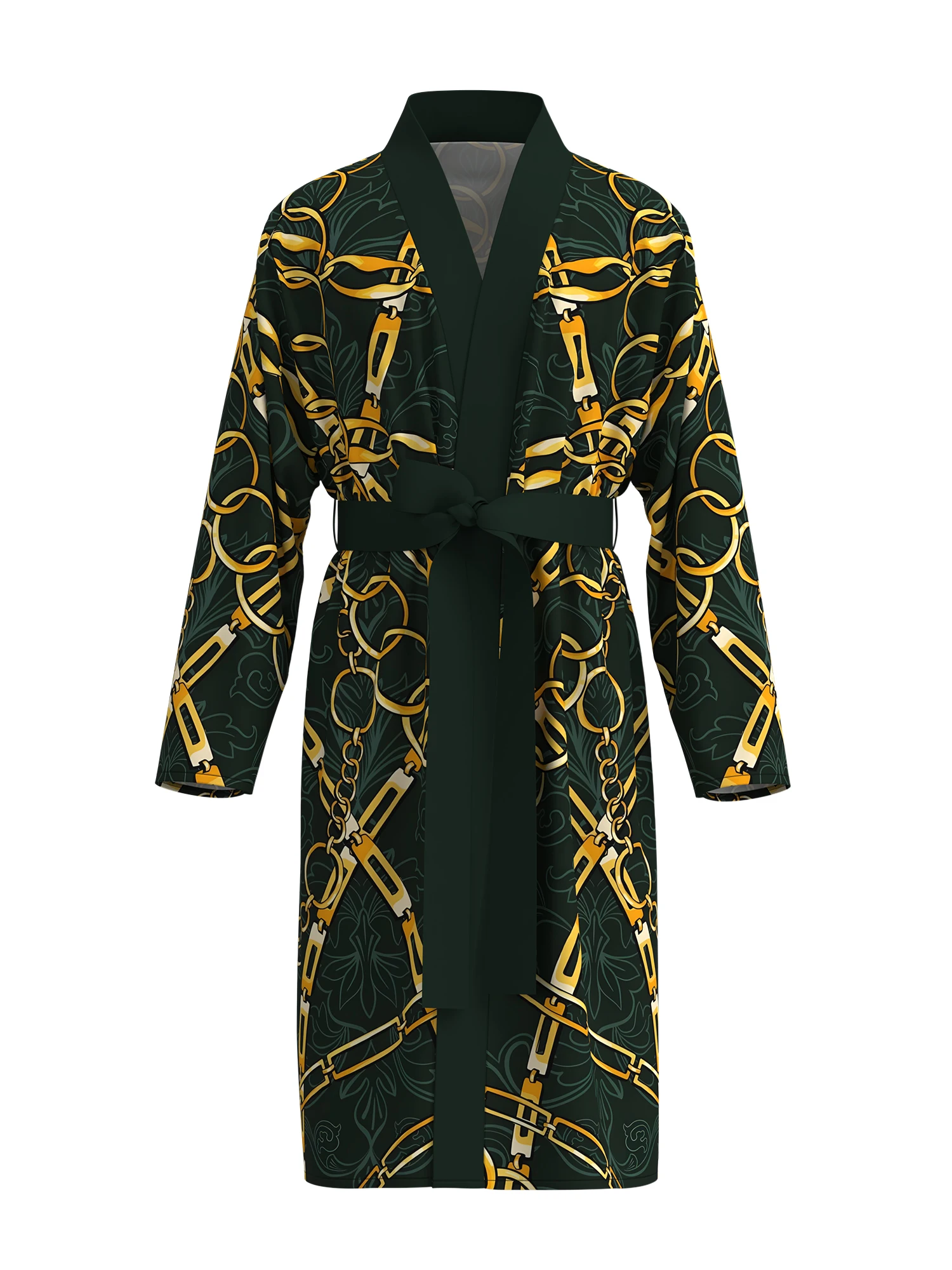 

Men's dark green gold chain printed kimono bathrobe, light luxury baroque style long-sleeved home clothes, casual nightgown