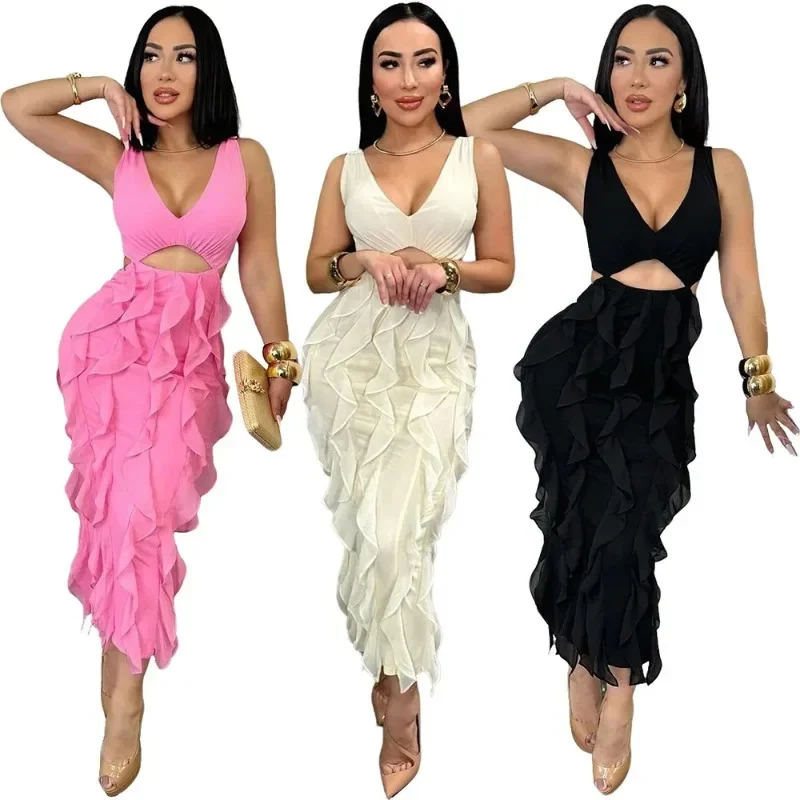

Women V-neck Ruched Ruffles Hollow Out Bodycon Midi Long Dress Summer Sleeveless Birthday Vacation Sexy Party Dresses