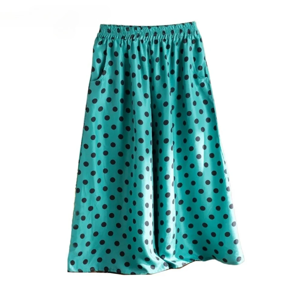 Casual 100% Natural Mulberry Silk Electric Spinning Trousers, Women's Double Pocket Design Elastic Waist Blue Polka Dot Pants