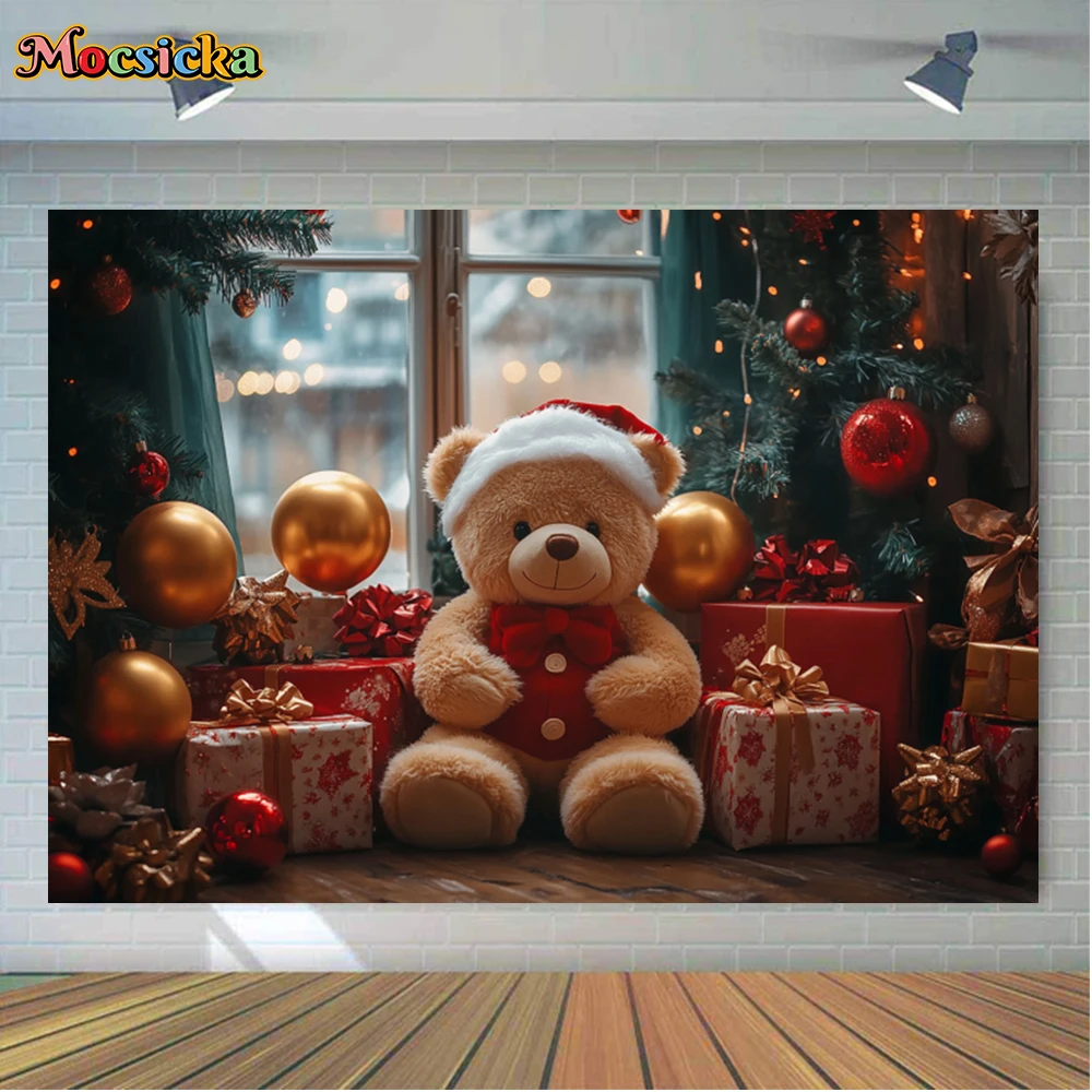 Mocsicka Winter Christmas Photography Backgrounds Christmas Bear Gifts Balloons Holiday Family Kids Photo Backdrops Studio