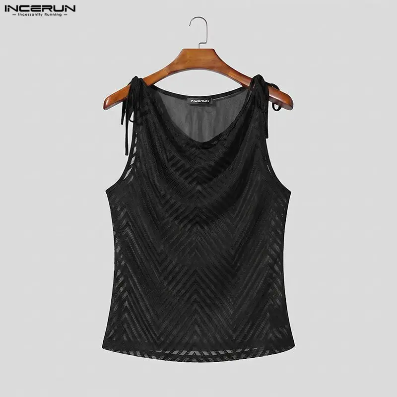 INCERUN Men's Tank Tops Embroidery Lace Up Sleeveless See Through Mesh Male Vests Sexy Summer 2026 Party Fashion Men Clothes