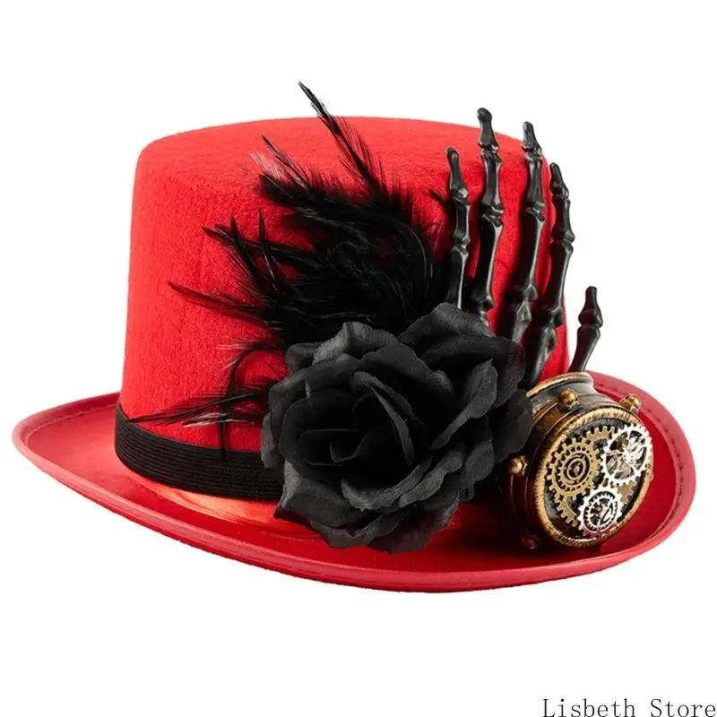 124A Gothic Skeleton Hand Hat Dark Series Flower Tall Hat For Halloween Event And Magicians Outfit Dressingup Accessories