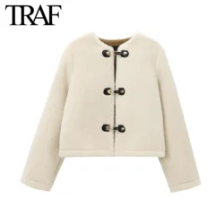 TRAF Fleece Warm Jackets for Women Fashion Winter Double-sided fack fur Long Sleeved Single Breasted Round Neck Short Coats