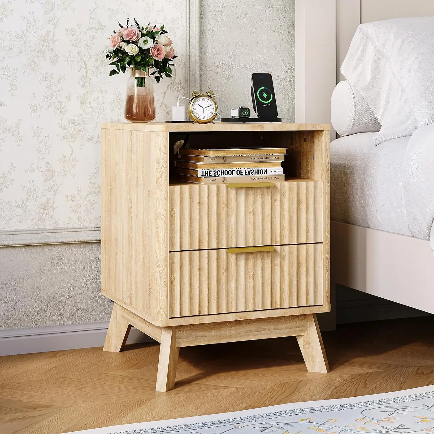 Wave Fluted Nightstand with Charging Station, 2 Drawers & Open Storage, USB & AC Outlets, 6'' Legs,  End Table, Customized