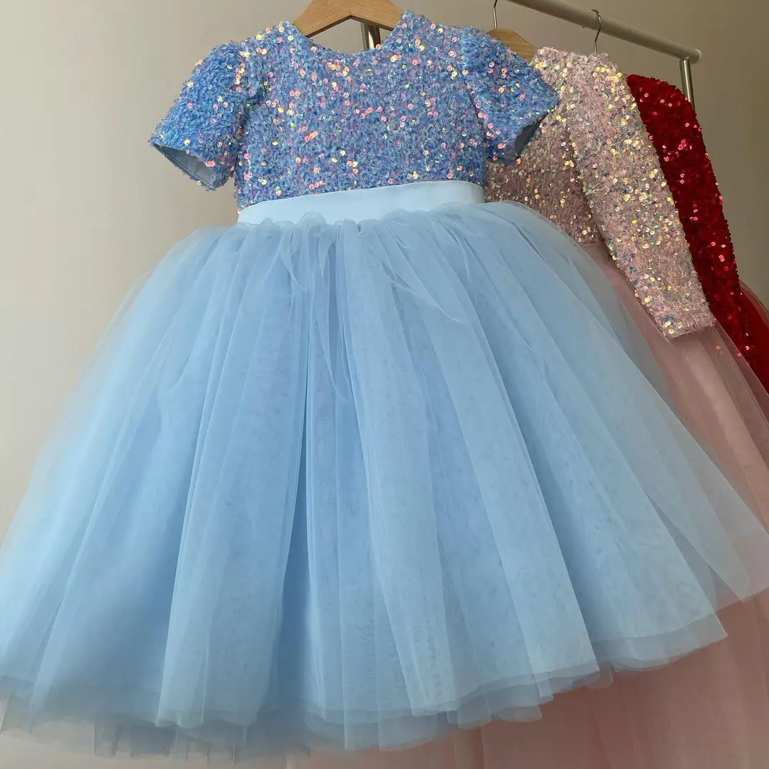 Vestido de tutú azul para niñas pequeñas de 3-8 años, ropa esponjosa con lentejuelas, vestidos de dama de honor de flores para niñas pequeñas,