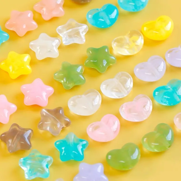 New 10pcs Acrylic Star Love Heart colorful Beads for Fashion Jewelry DIY Making Through hole Pearl Hair Ring Accessory