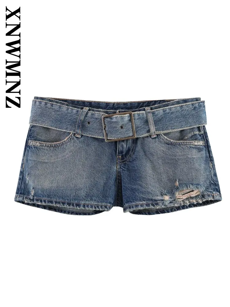 

XNWMNZ 2026 Summer New Woman Chic Casual Hole Denim Jeans Simple Vintage Lady Holiday Thin Slim Shorts Pockets