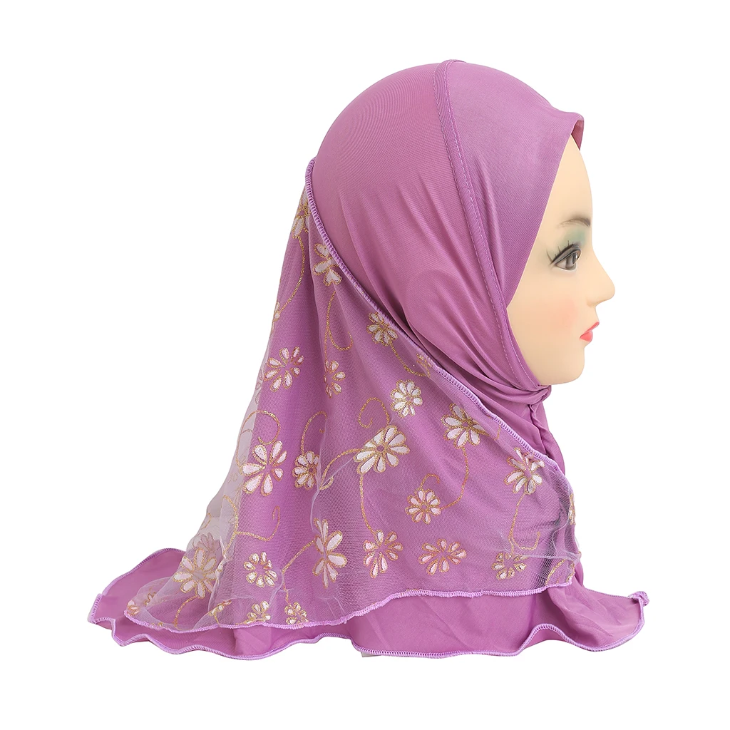 H043 beautiful small girl hijab with flower net cute hijab hats caps can fit 2-5 years old girls muslim baby headscarf