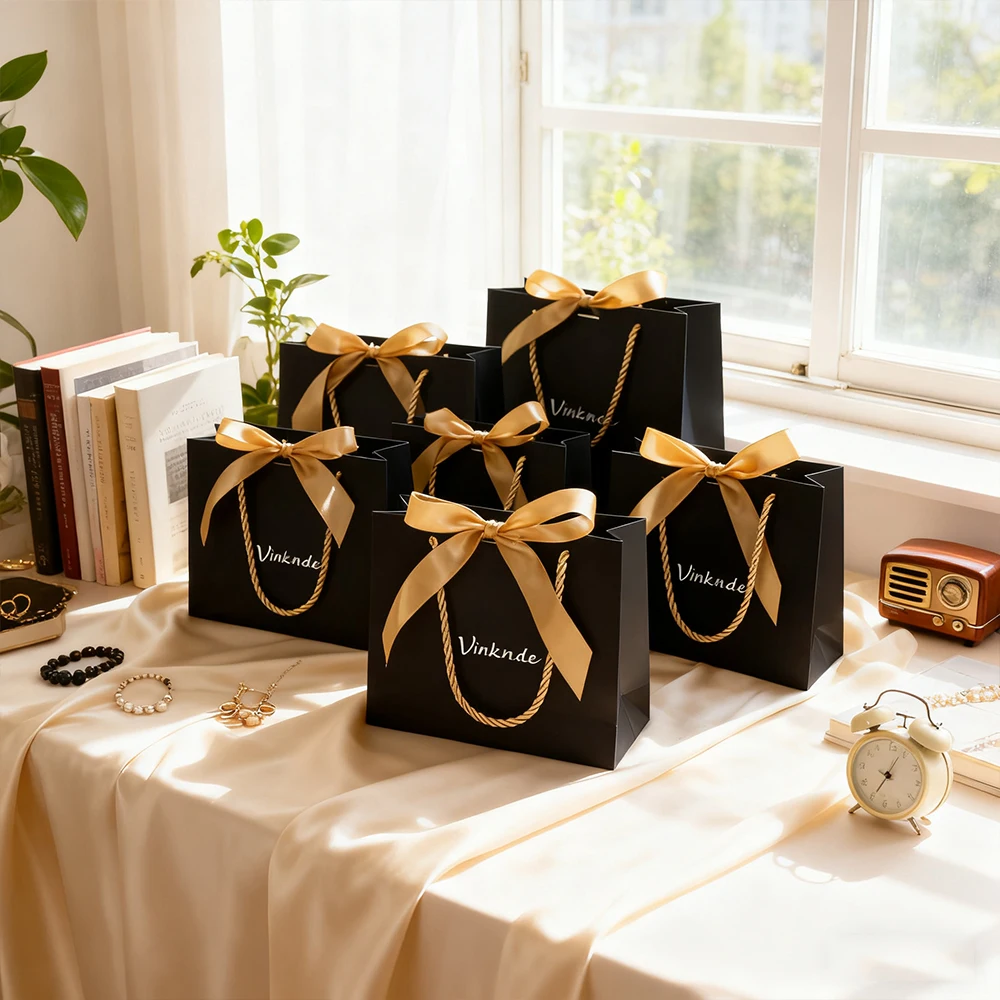 

Роскошный магазин черной одежды на заказ, розничная упаковка, подарочные сумки для переноски, бутик ювелирных изделий, косметическая бумажная сумка для покупок с лентой