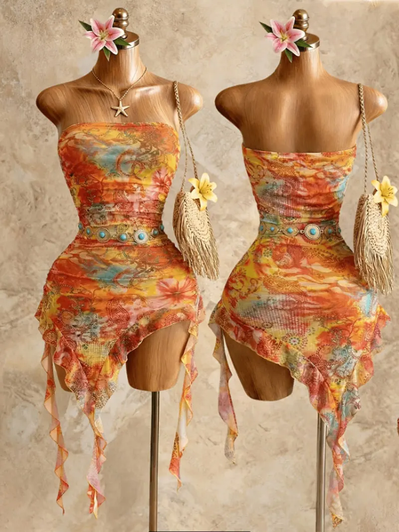 Neue Sommer Sexy Kleider für Frauen Ärmelloses Trägerloses Damenkleid Asymmetrisches Print-Kleid Damen Vestidos De Verano Mujer – Detail 3
