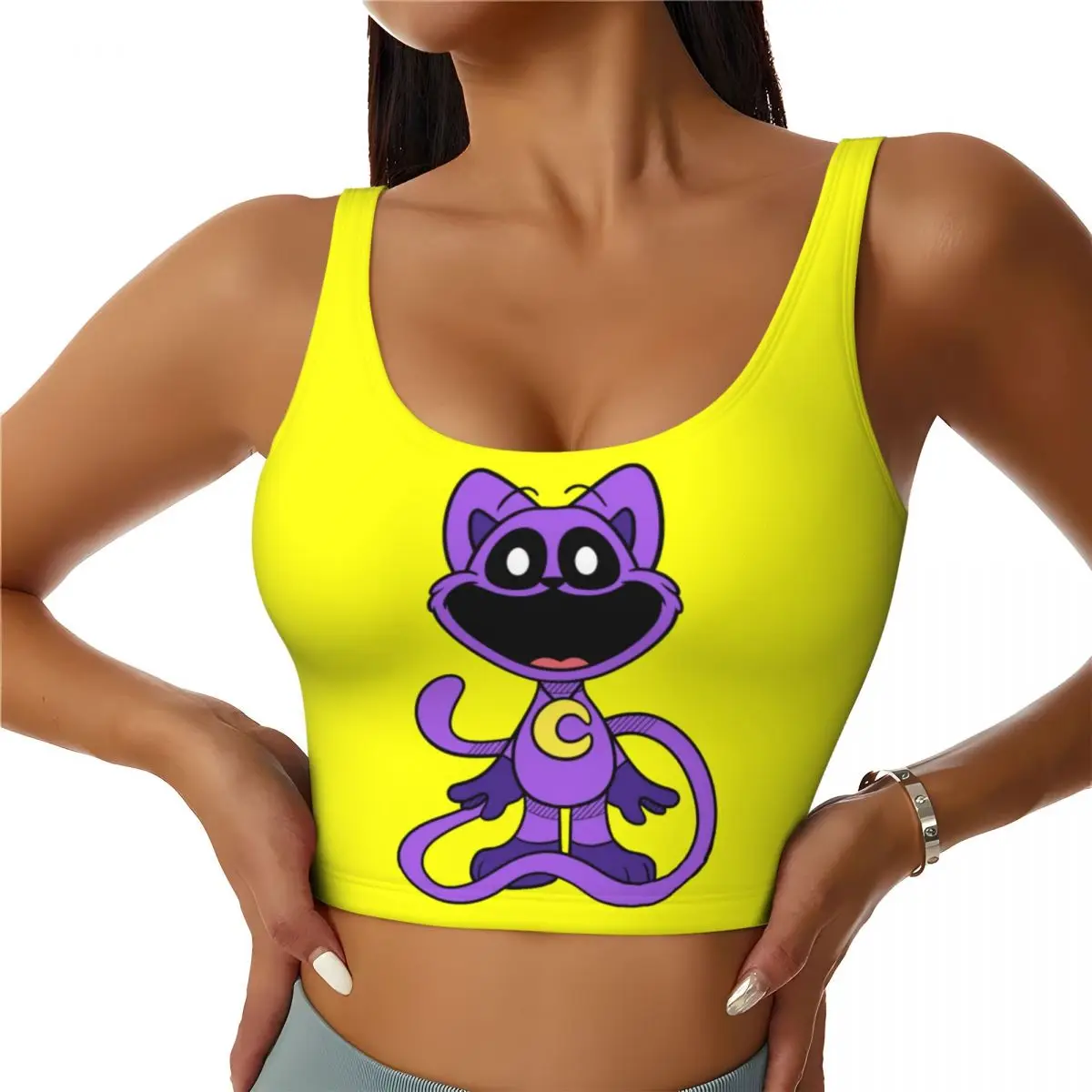 Custom High Impact Purple Smiling Big Mouth Cat Critters Sports Bra for Women Scarry Animated Game Gym Workout Yoga Crop Top