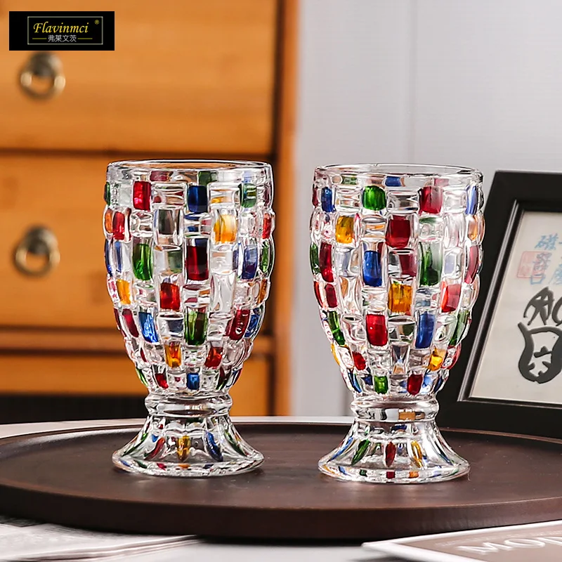 

2PCS color striped glass tall milk tea cup dessert cup woven pattern beverage juice household glass water