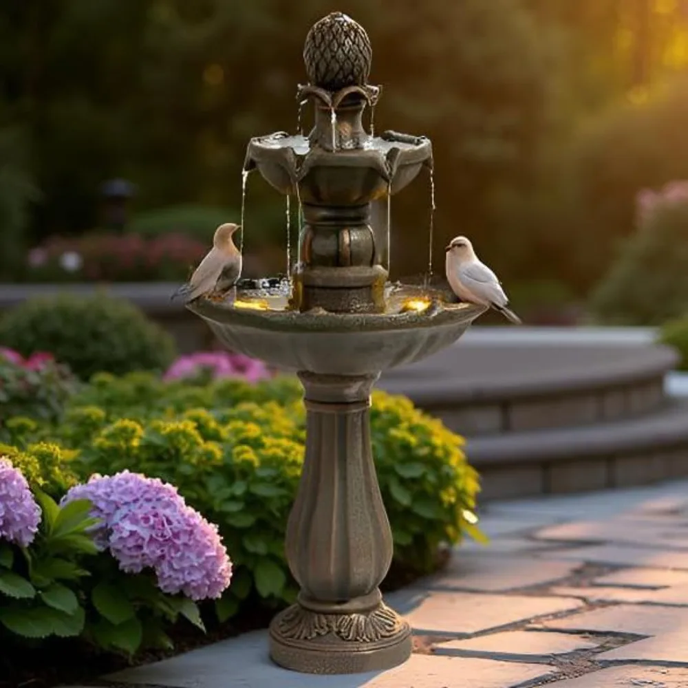 

3 Tiered Outdoor/Indoor Water Fountains, 42.2 in. Tall, Like Stone Bird Bath for Outside, Elegant Waterfall Feature