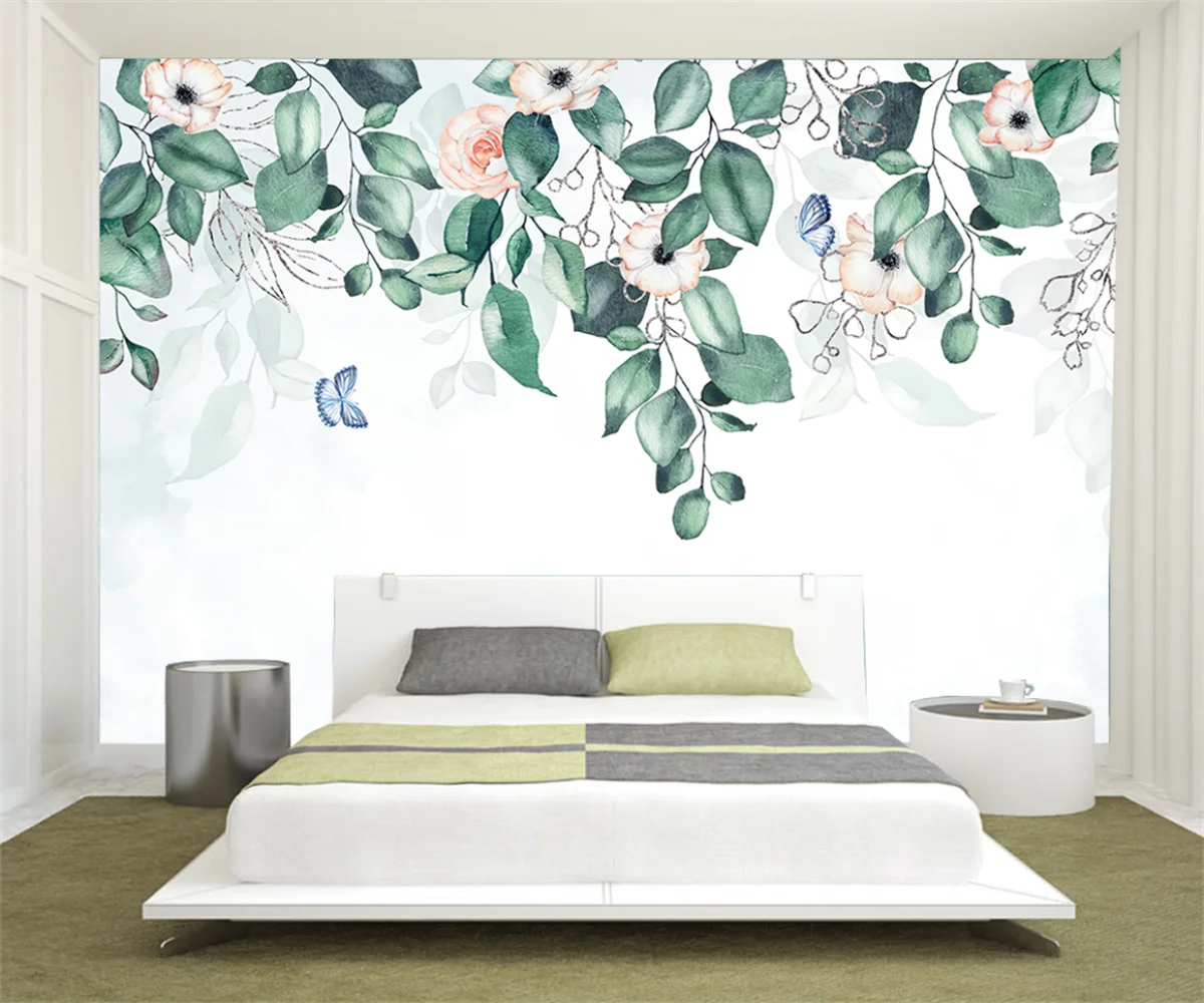 Customized size wallpaper, tropical plants, leaves, flowers, butterflies, murals, branches, leaves, hanging strips 3d wallpaper