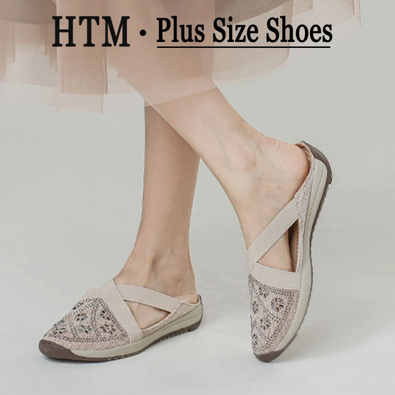 Sandales pour femmes, mules et sabots d'été antidérapants en toile, ornées de diamants, chaussures de plage à bout ouvert, style romain, talons plats pour femmes 1