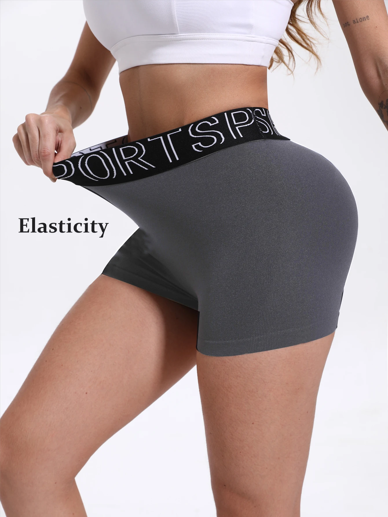 

Women Letter Print Waistband Yoga Shorts Solid Color Elastic Biker Shorts High Waist Running Workout Fitness Sports Short Pants