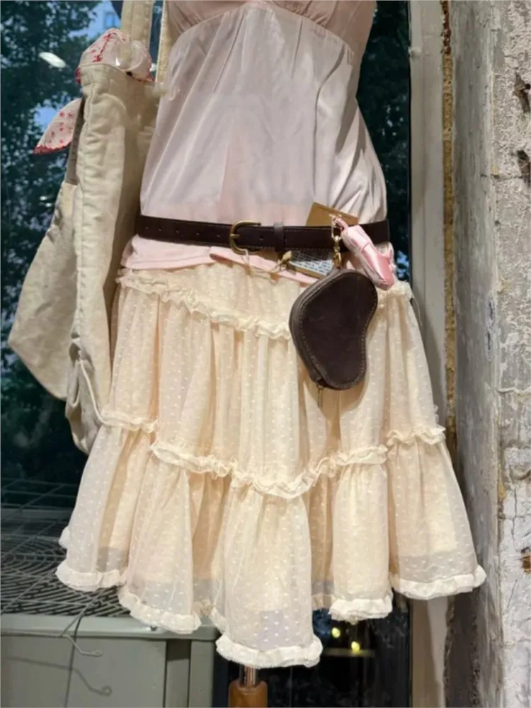 Jacquard Mesh Polka Dot Knee Length Skirts Woman Elastic Waist Ruffles A-line Short Faldas Sweet Preppy Style Beige Skirt Y2K