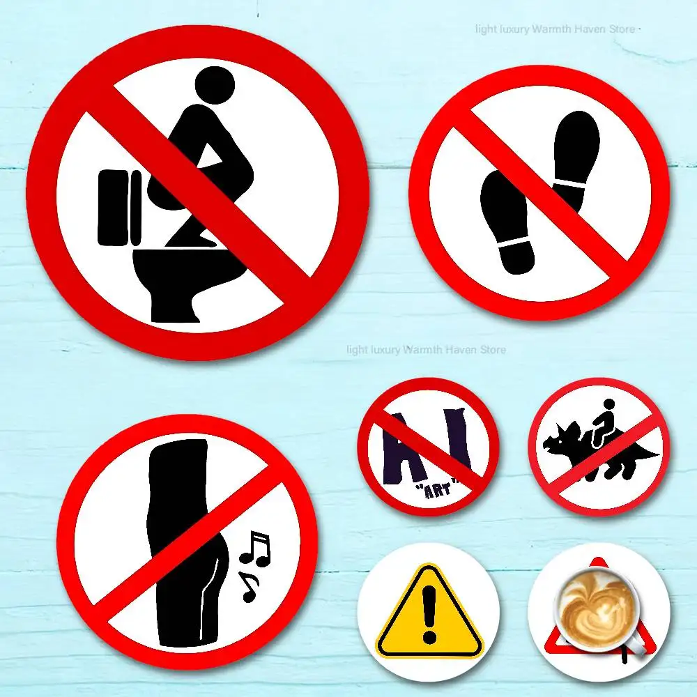 

Warning Icon Danger Banning Heat Resistant Round Wooden Coasters Non-slip Drink Cafe Decoration 2D Flat Color Print Coasters