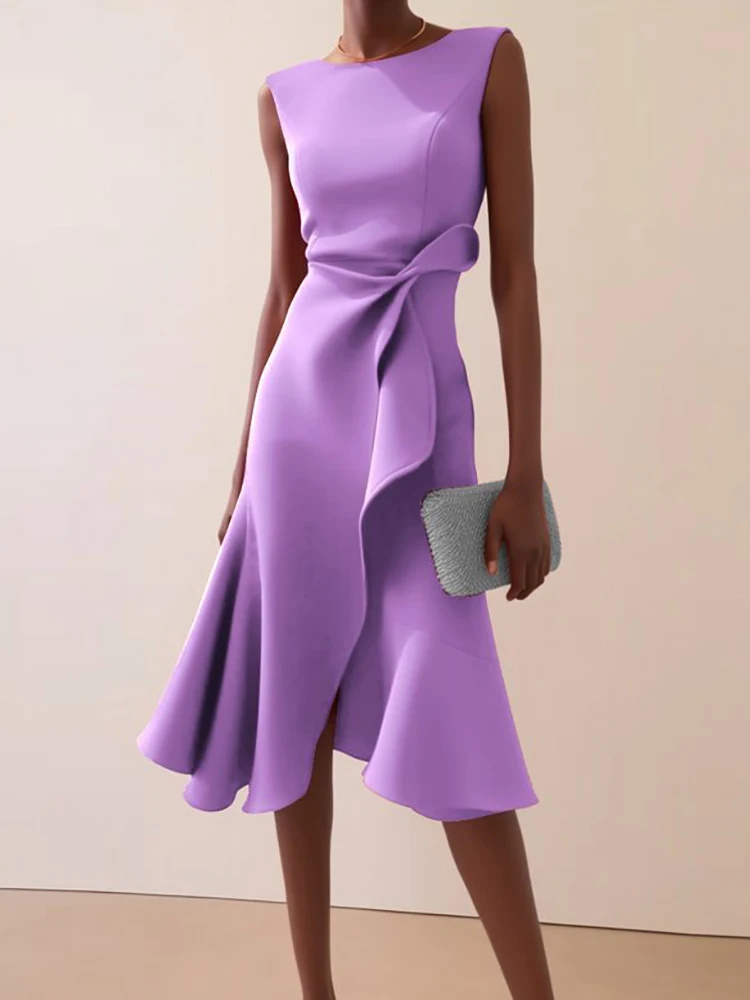 فستان نسائي صيفي أنيق بدون أكمام للعطلات، فستان حفلات بسيط برقبة دائرية، موضة 2025 فستان أنيق غير رسمي للسيدات