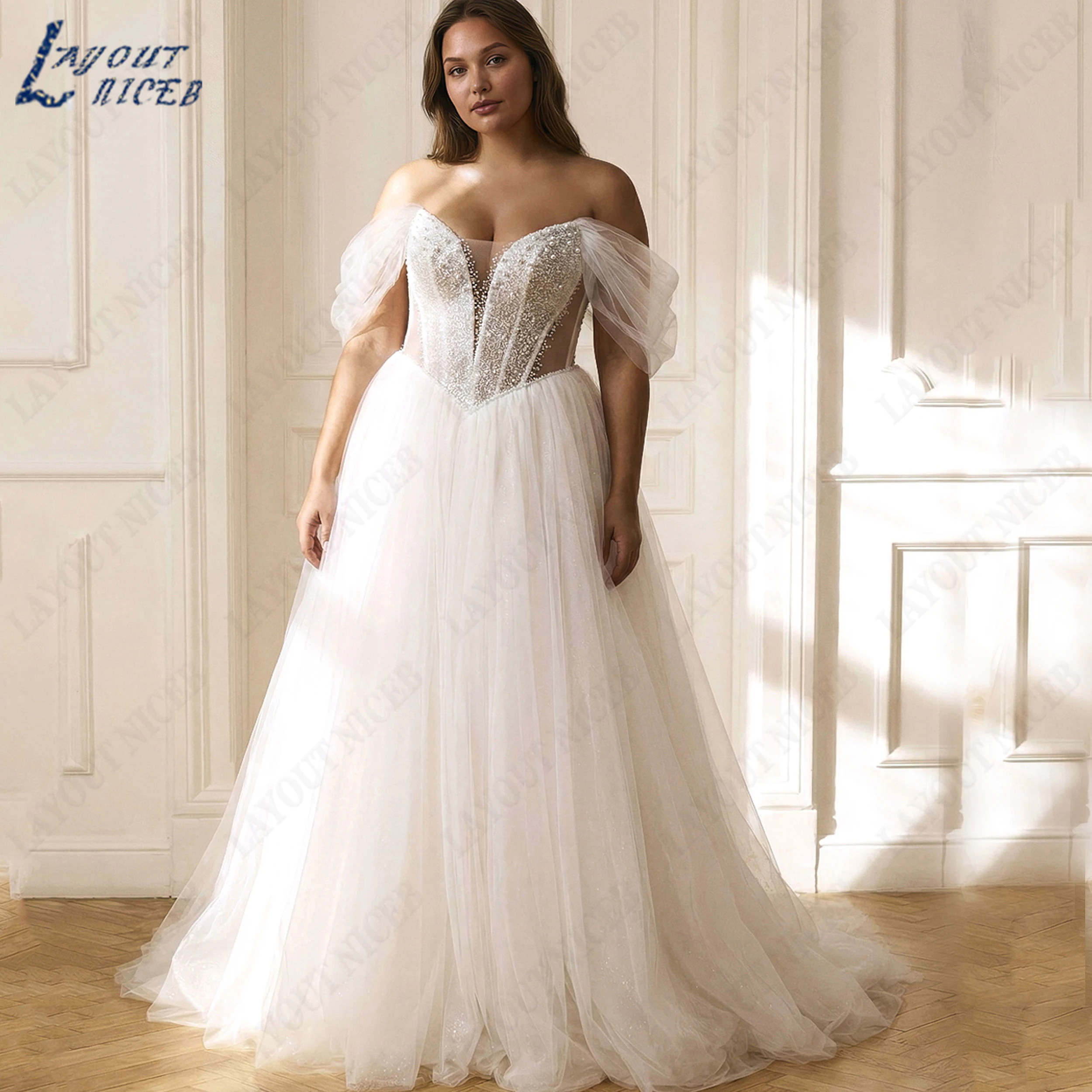 LAYOUT NICEB A Line Off Shoulder Bridal Gowns Plus Size Sweetheart Bride Dress Glitter Tulle Beaded Wedding Dresses Customized