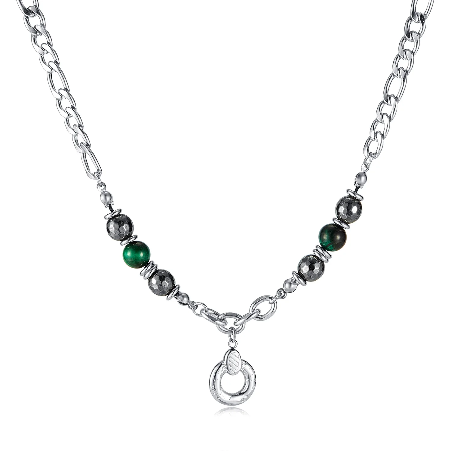 

Men’s Geometric Pendant Hip Hop Necklace – Stainless Steel Chain with Tiger Eye Stone, Street Style Jewelry