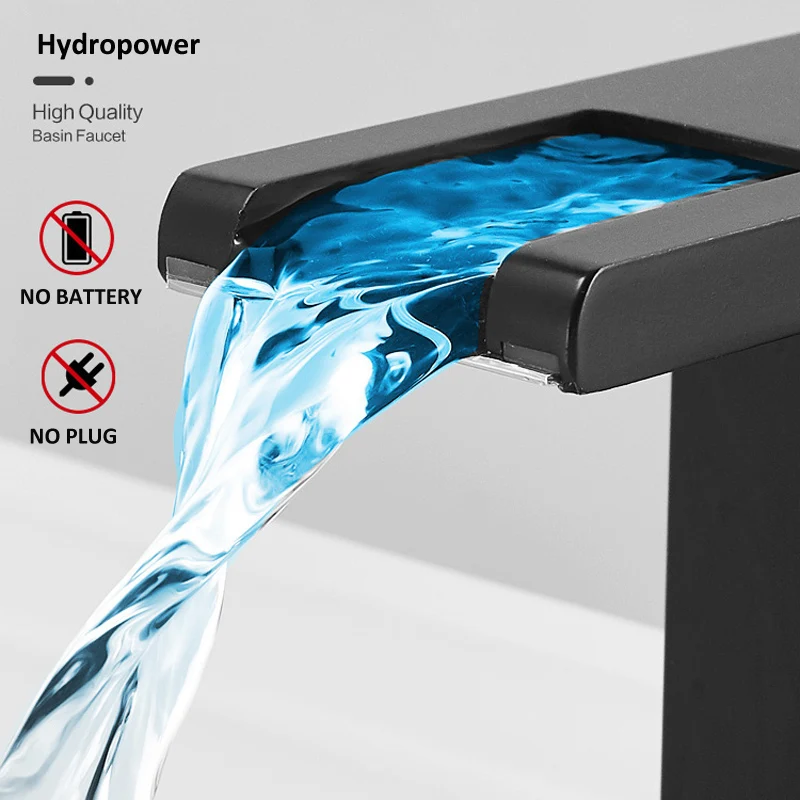 Waterpower No Battery No Plug  LED Waterfall Bathroom Basin Faucet Single Handle Mixer Tap Water Power Basin Sink Hot and Cold