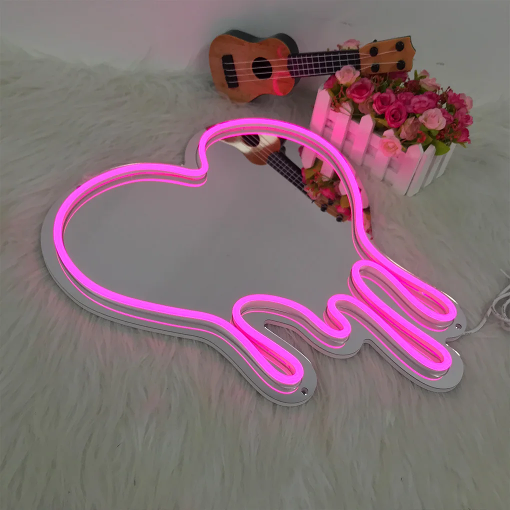 LED Neon Heart Mirror Sign with Pink Light Makeup Mirror Girls Room Decoration Lights Atmosphere Night Lamp USB+Battery Powered