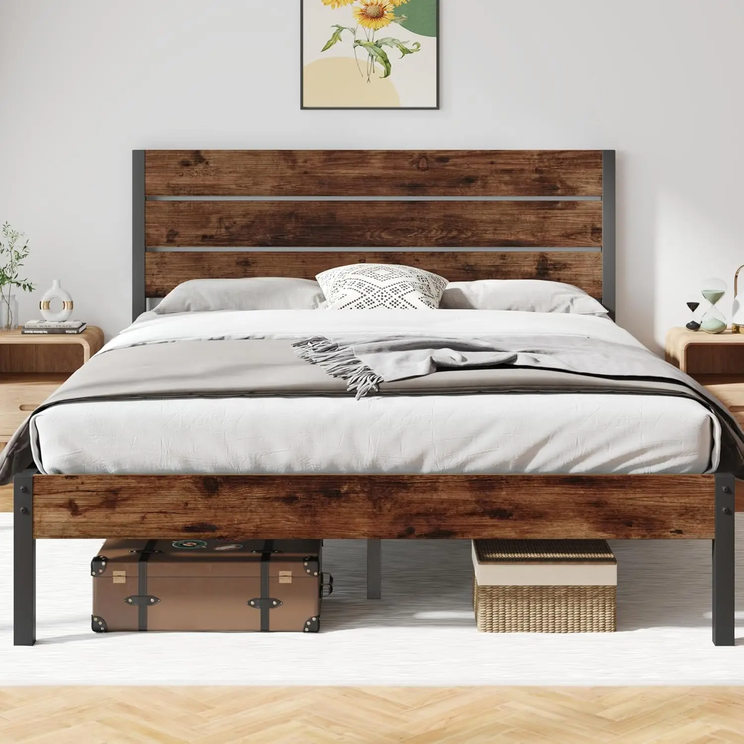 Groot Bedframe Met Hoofdeinde En Voetensteun, Alle Metalen Steun, Geen Boxsprings Nodig, Eenvoudig Te Monteren, Bruine Kleur