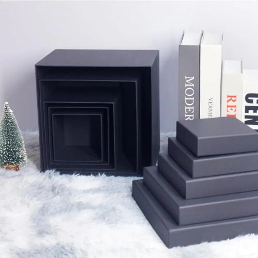 Scatole regalo nere per regali Set di 5 scatole regalo quadrate con coperchi in dimensioni assortite Robuste scatole regalo per compleanni