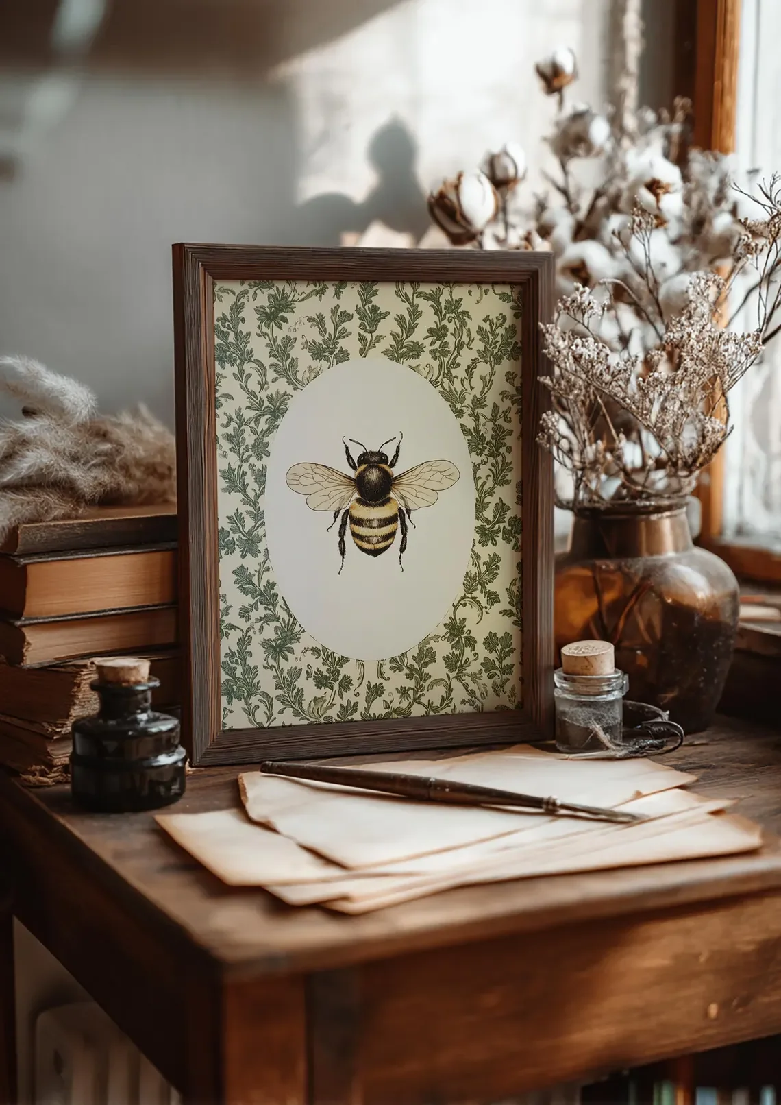 Vintage Bee Wall Art, Cottagecore Floral, Botanical Insect Decor, PRINTED AND SHIPPED, Bumblebee Oval Print, Rustic Garden Art P - view 3
