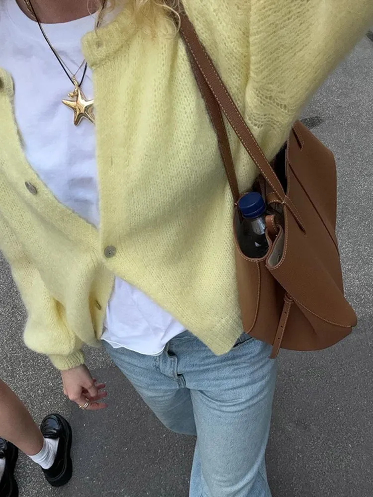 

Women's Button Mohair Knitted Cardigan Casual Round-neck Long Sleeve Sweater Coat 2025 Chic New Daily Lady Commuting Outerwear