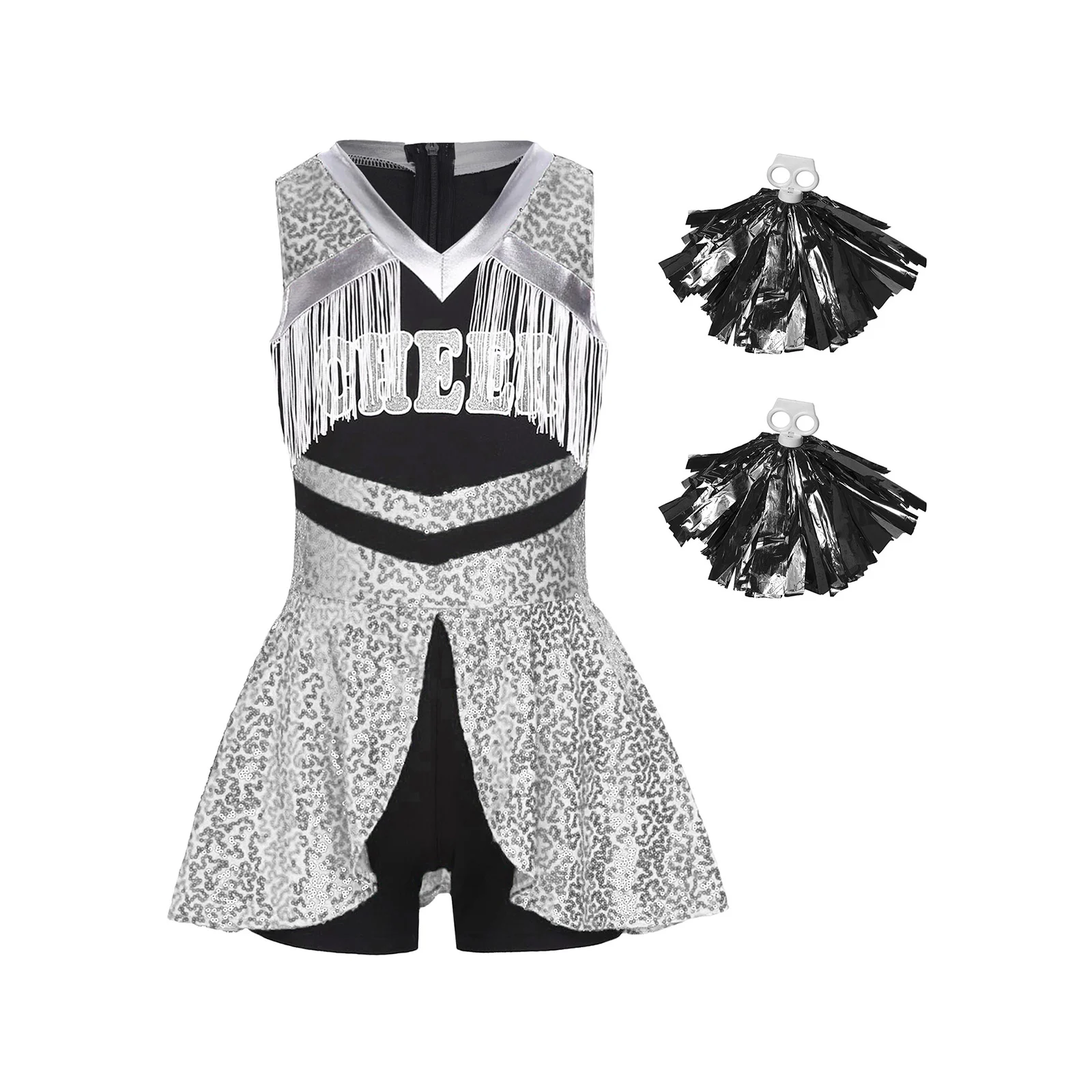 

Girls Shiny Sequins Cheerleading Uniform Halloween Party Cheerleader Performance Costume Sleeveless Tassels Cheer Dance Jumpsuit