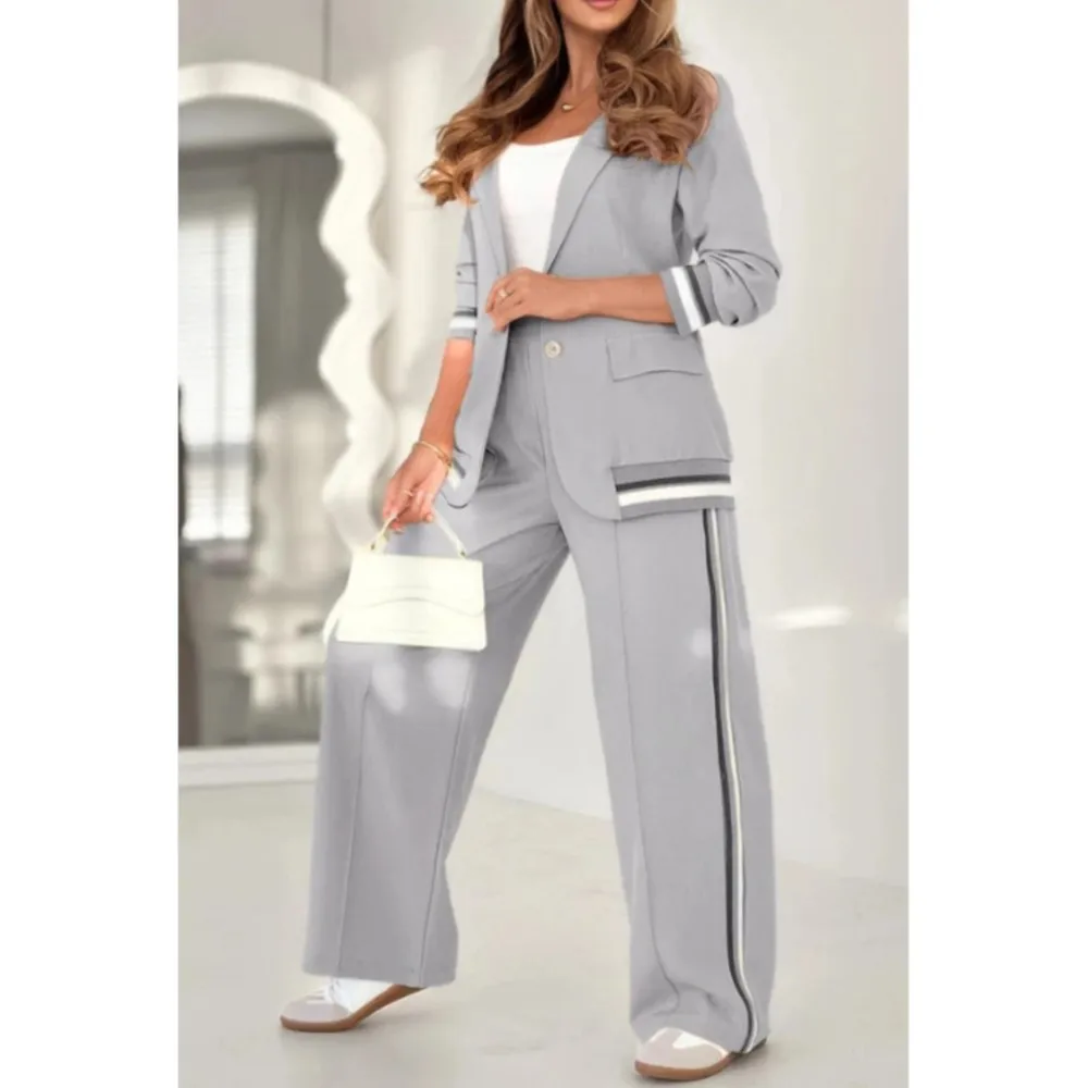 Spring And Autumn Loose Patchwork Striped Blazer Pants Women\'s 2 Piece Fashion Retro Simple Suit Collar Female Office Suit 2025