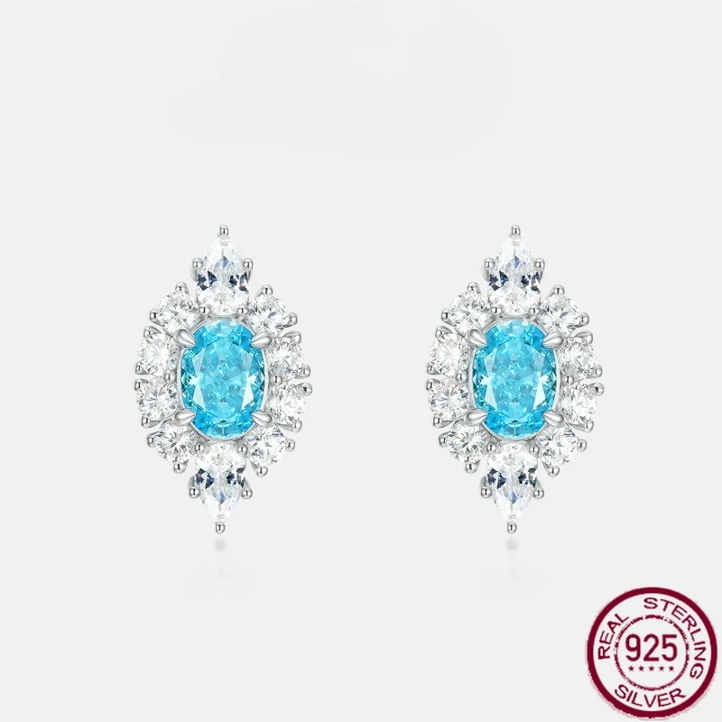 

New S925 pure silver shallow sea blue high carbon diamond fully inlaid with white zirconium brilliant and simple wedding jewelry