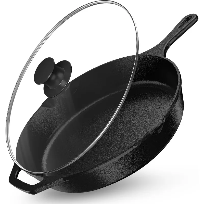 

Saute Frying Pan 12 Inch, Cast Iron Chefs Pan, Pre Seasoned Cast iron Skillet With Lid, Safe Grill Cookware for