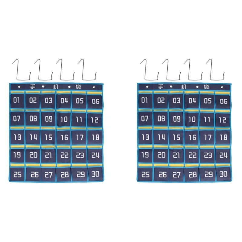 2X 30 Numbered Pockets Chart Cell Phone Organizer Hanging Storage Bag For Classroom Calculator Mobile Phone Holders